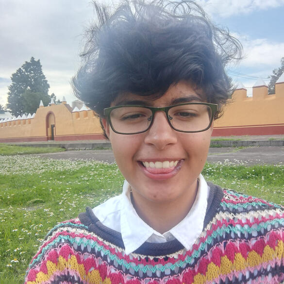 Ari Ochoa Petzold A photo of a person with light brown skin and short curly dark hair. They are wearing a colorful patterned shirt and are standing outdoors. They are smiling.