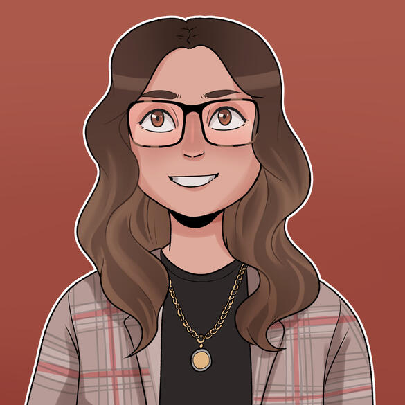 Maddie Girouard An illustration of a person with light skin and long wavy hair. She wears glasses, a black shirt, and a checkered shirt on top. She is smiling.